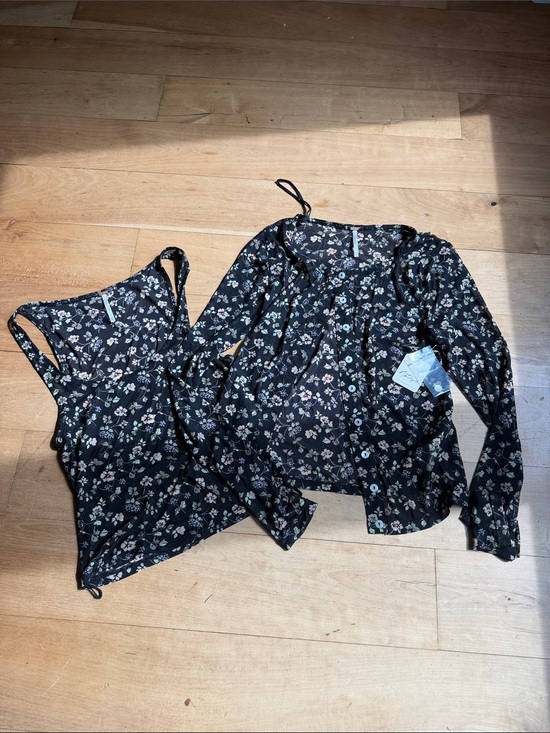 Free People Tops - Floral Black mesh Button-Up Blouse & Tank Set